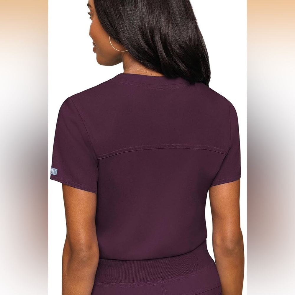 Med Couture Touch 1-Pocket STRETCH Tuck In V-Neck Scrub Top in Wine Burgundy - Picture 4 of 10